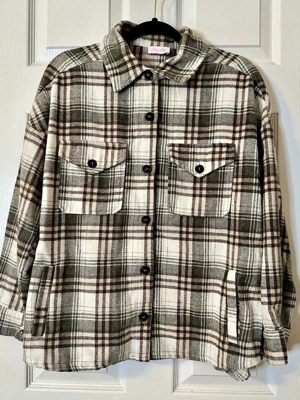 Pink Lily Plaid Shacket Women’s Small Cream Taupe Olive Button Up Jacket